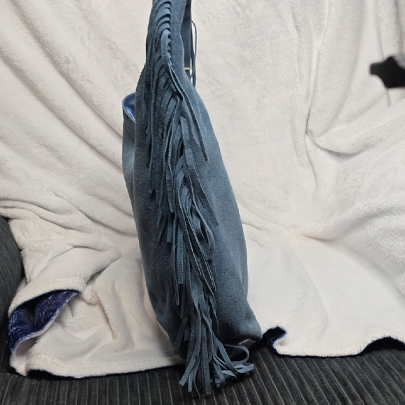 Haute Hippie Blue Fringe Suede Hobo Bag - Picture 3 of 6